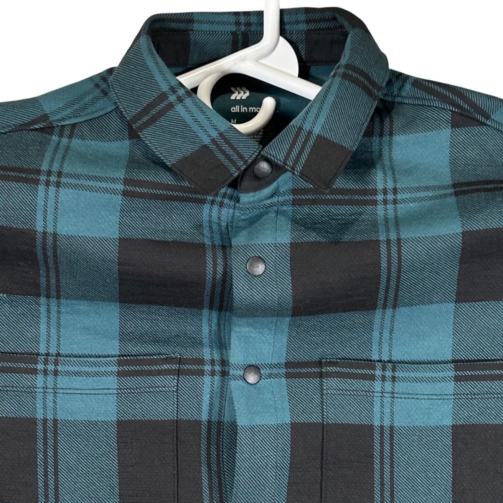 All In Motion Mens Teal Black Plaid Snap Front Performance Shirt Size Medium